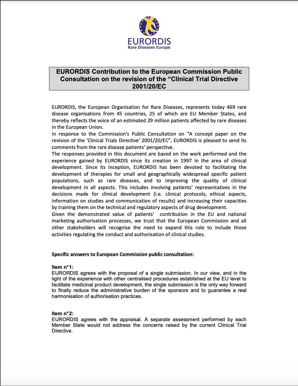 EURORDIS Contribution to the European Commission Public Consultation on the Revision of the “Clinical Trial Directive”