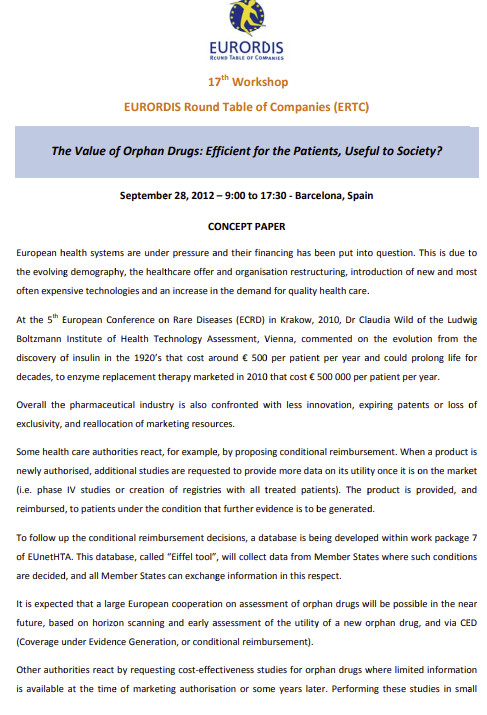 17th Workshop, Barcelona: «The Value of Orphan Drugs: Efficient for the Patients, Useful to Society?»