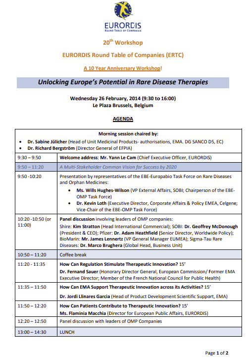 20th ERTC Workshop, Brussels: «Unlocking Europe’s Potential in Rare Disease Therapies”