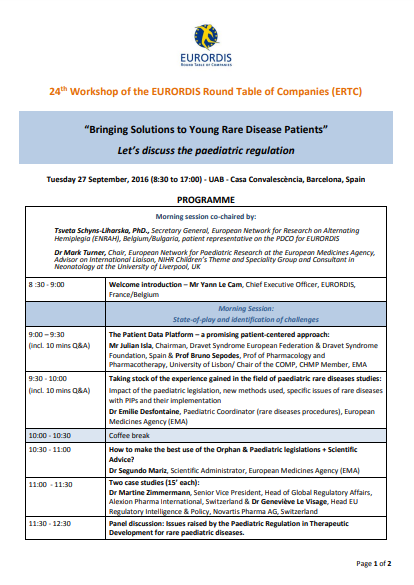 24th Workshop of the EURORDIS Round Table of Companies: «Bringing solutions to young rare disease patients»