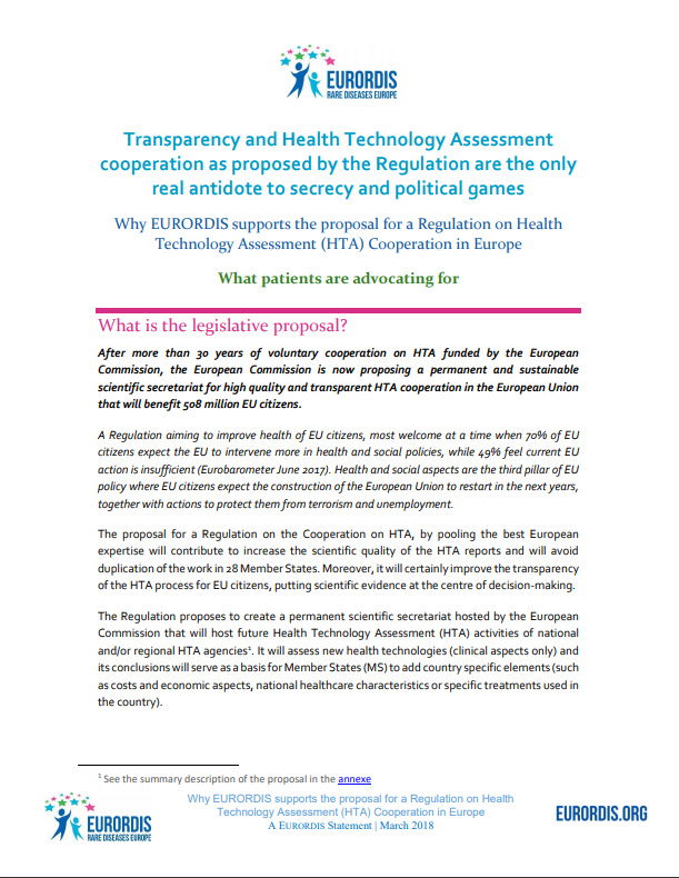 EURORDIS statement on the proposal for a regulation on HTA cooperation in Europe