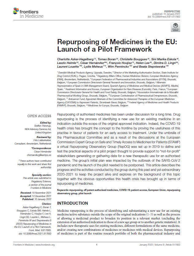 Repurposing of Medicines in the EU: Launch of a Pilot Framework