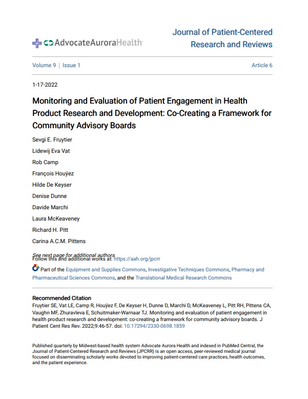 Monitoring and Evaluation of Patient Engagement in Health Product Research and Development: Co-Creating a Framework for Community Advisory Boards