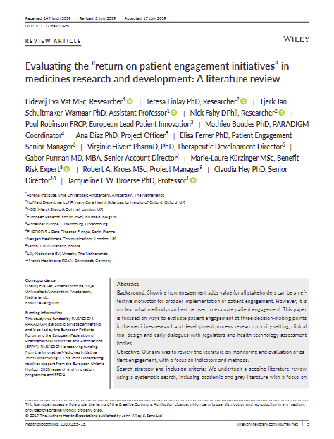 Article: Evaluating the “return on patient engagement initiatives” in medicines research and development: A literature review