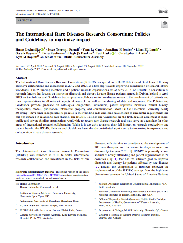 Article: The International Rare Diseases Research Consortium: Policies and Guidelines to maximize impact