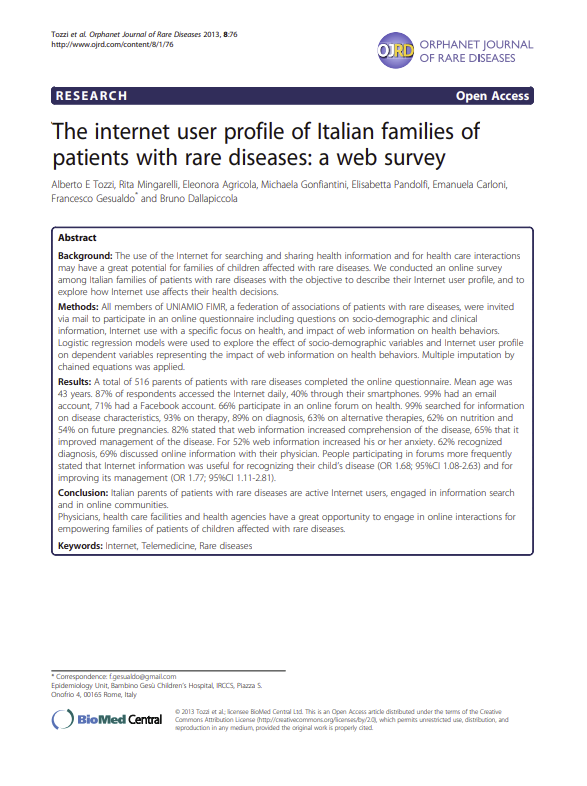 Article: The internet user profile of Italian families of patients with rare diseases: a web survey