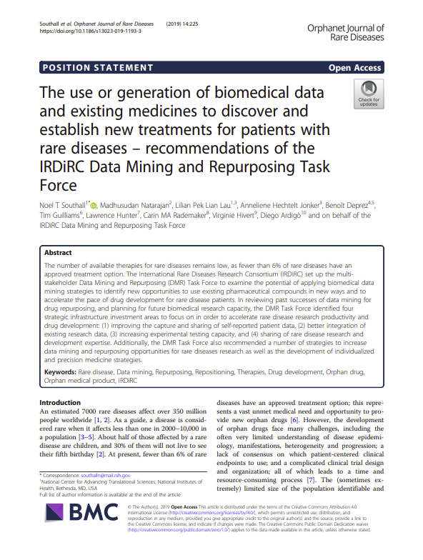 Article: The use or generation of biomedical data and existing medicines to discover and establish new treatments for patients with rare diseases – recommendations of the IRDiRC Data Mining and Repurposing Task Force