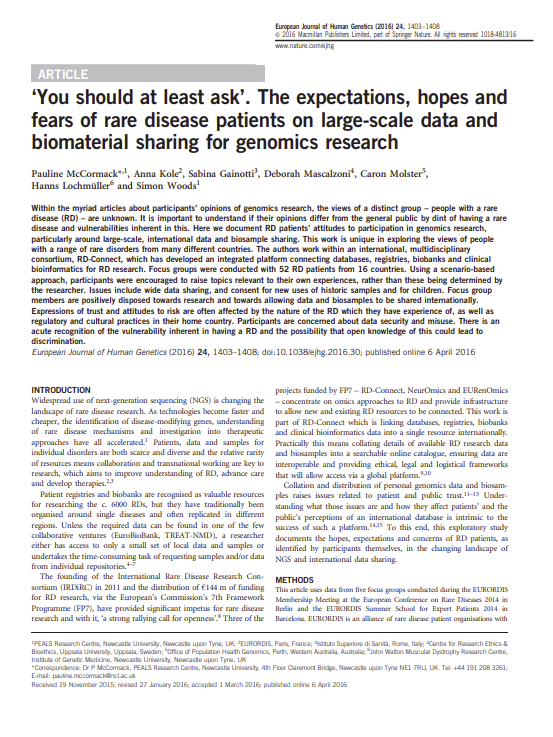 Article: ‘You should at least ask’. The expectations, hopes and fears of rare disease patients on large-scale data and biomaterial sharing for genomics research