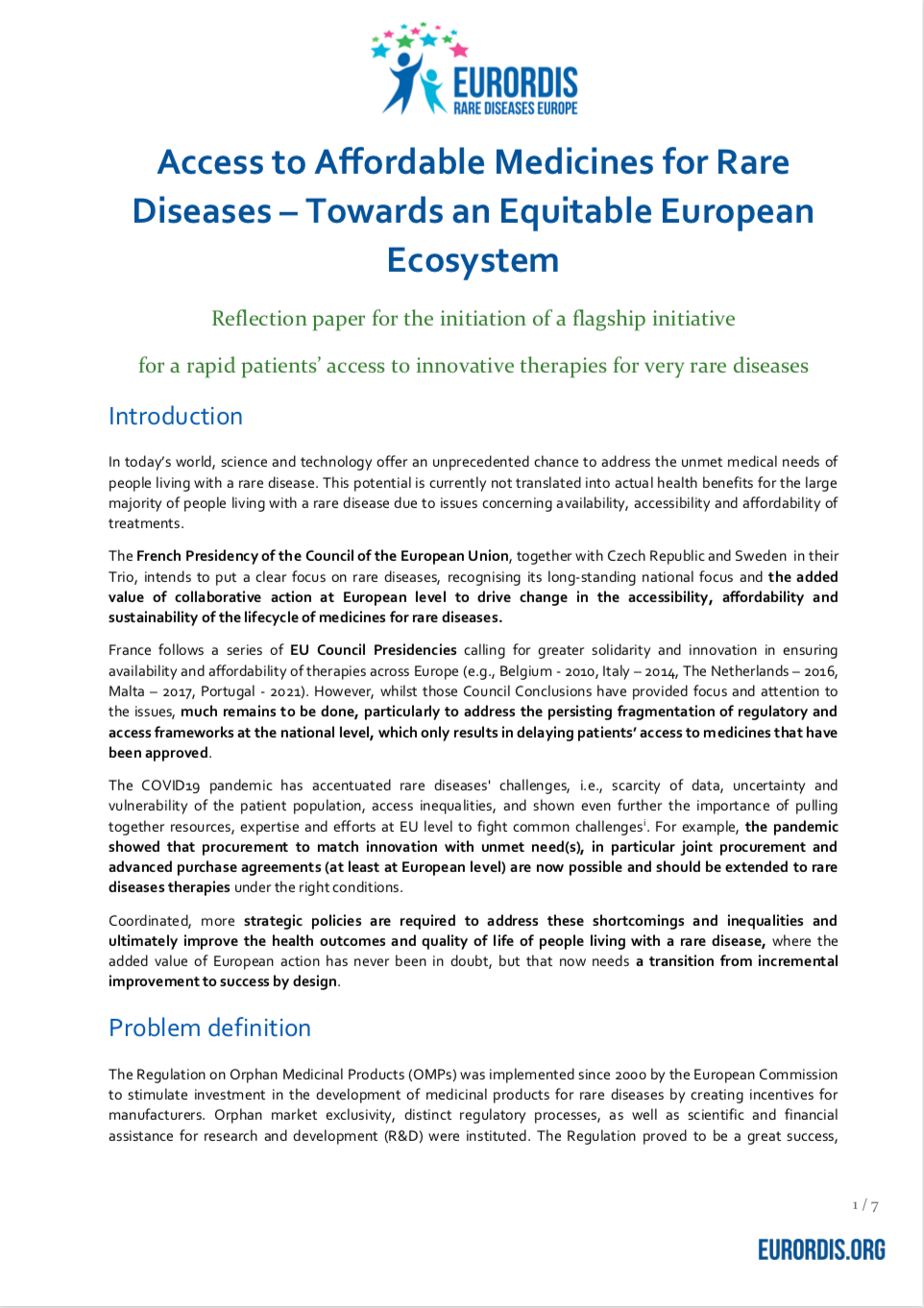 EU Fund on Rare Disease Reflection Paper EURORDIS 