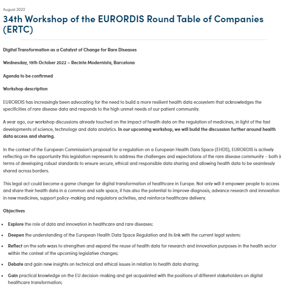 34th Workshop of the EURORDIS Round Table of Companies (ERTC)