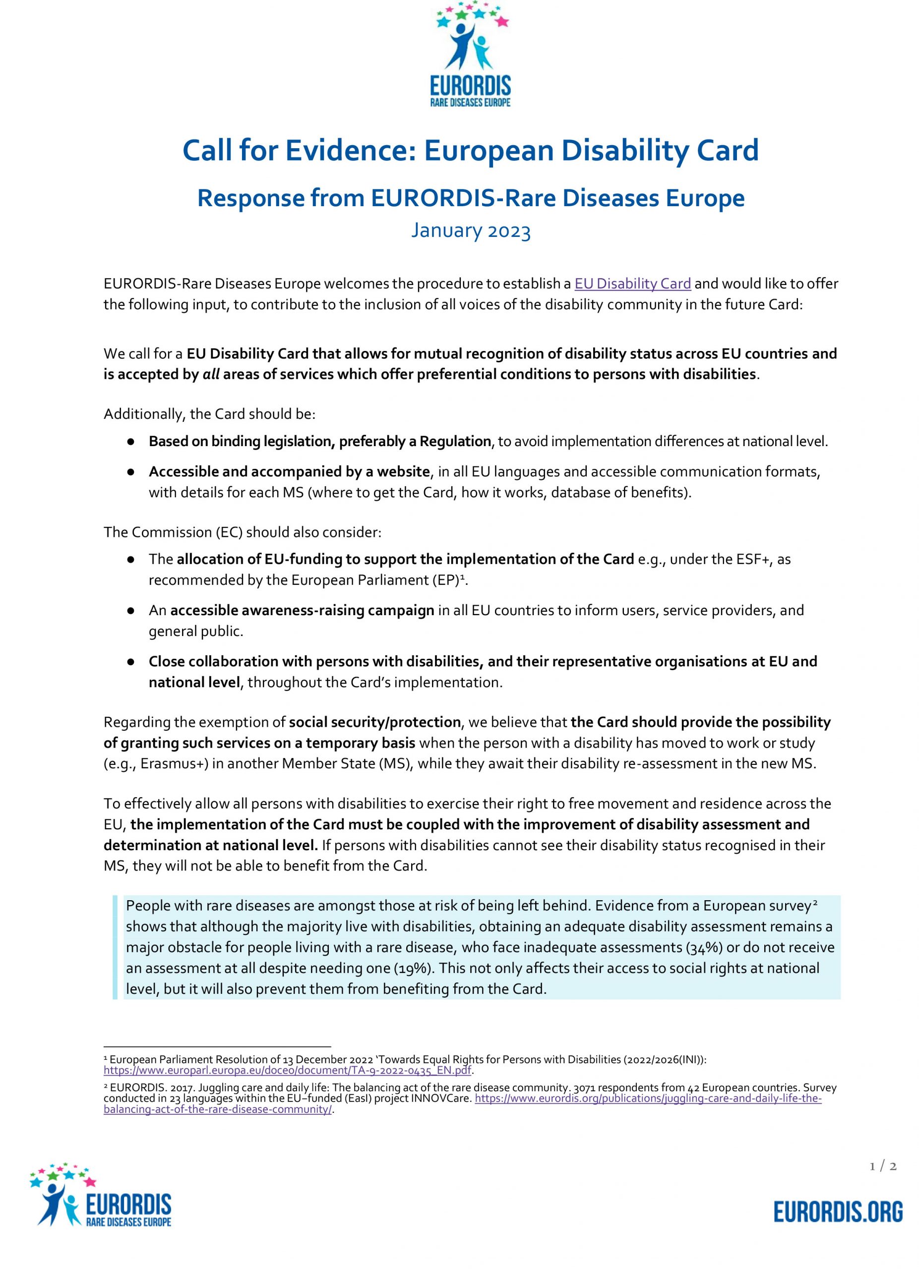 EURORDIS submission to the European Commission’s call for evidence on the EU Disability Card