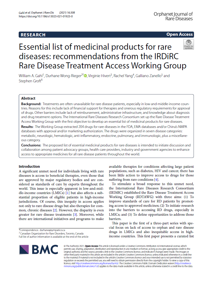 Essential list of medicinal products for rare diseases: recommendations from the IRDiRC Rare Disease Treatment Access Working Group