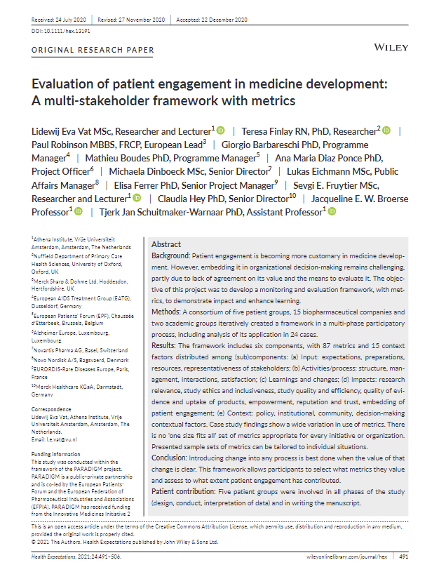 Evaluation of patient engagement in medicine development: A multi-stakeholder framework with metrics