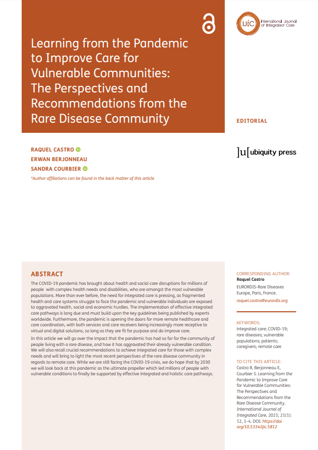 Learning from the Pandemic to Improve Care for Vulnerable Communities: The Perspectives and Recommendations from the Rare Disease Community, International Journal of Integrated Care