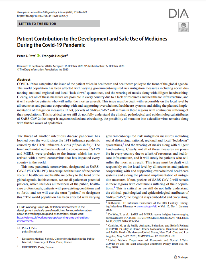 Patient Contribution to the Development and Safe Use of Medicines During the Covid-19 Pandemic