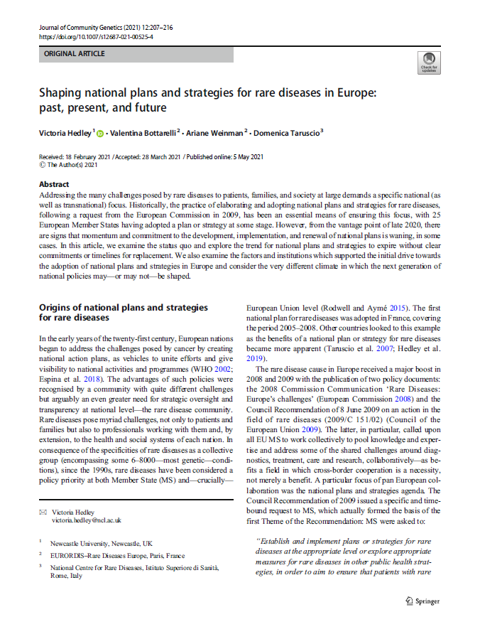 Shaping national plans and strategies for rare diseases in Europe: past, present, and future, Journal of Community Genetics volume