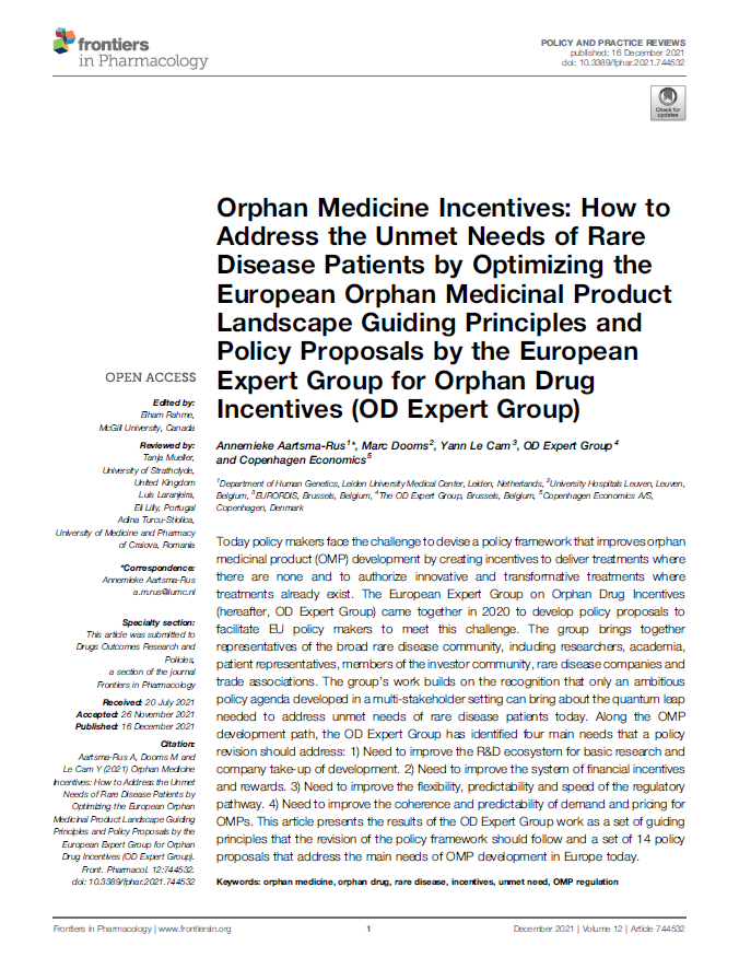 Orphan Medicine Incentives: How to Address the Unmet Needs of Rare Disease Patients by Optimizing the European Orphan Medicinal Product Landscape Guiding Principles and Policy Proposals by the European Expert Group for Orphan Drug Incentives (OD Expert Group)
