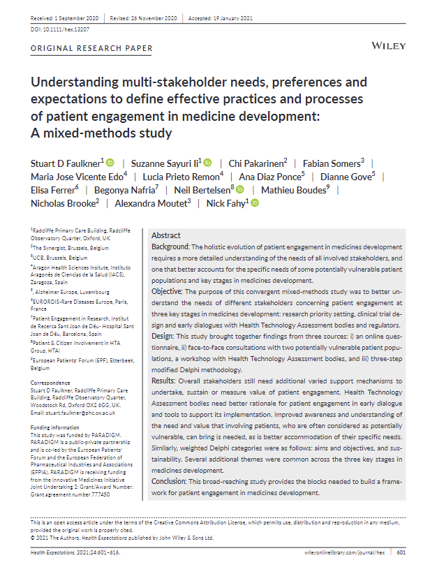 Understanding multi-stakeholder needs, preferences and expectations to define effective practices and processes of patient engagement in medicine development