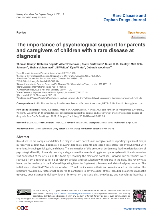 The importance of psychological support for parents and caregivers of children with a rare disease at diagnosis