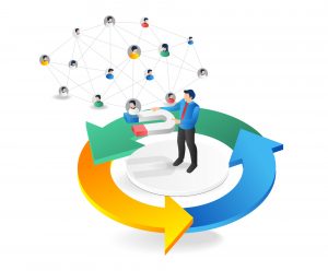 A person holding a magnet, surrounded by a network of people. Arrows in green, orange, and blue form a circle.