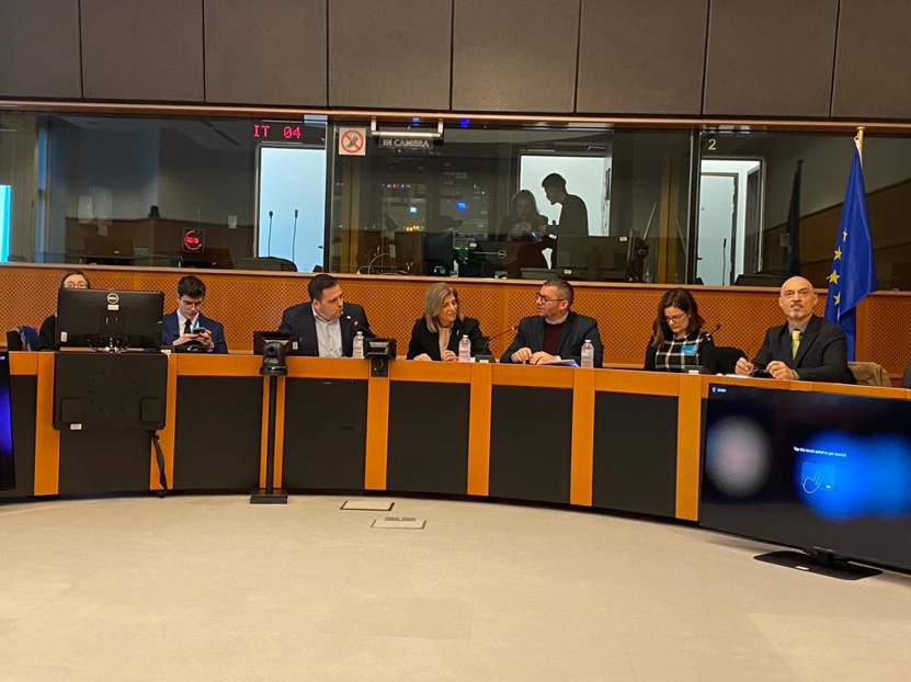Photograph from the meeting on the 21st March. MEPs sit in a semicircle, behind lecterns during the event. Stella Kyriakides is in the centre.