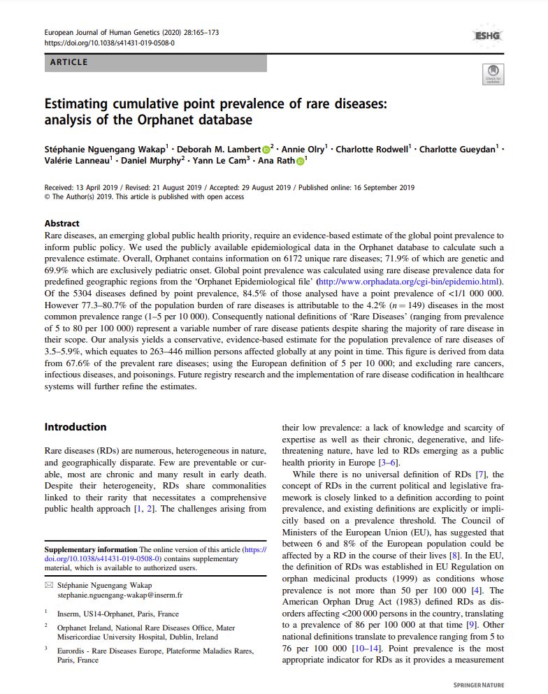 Estimating cumulative point prevalence of rare diseases: analysis of the Orphanet database