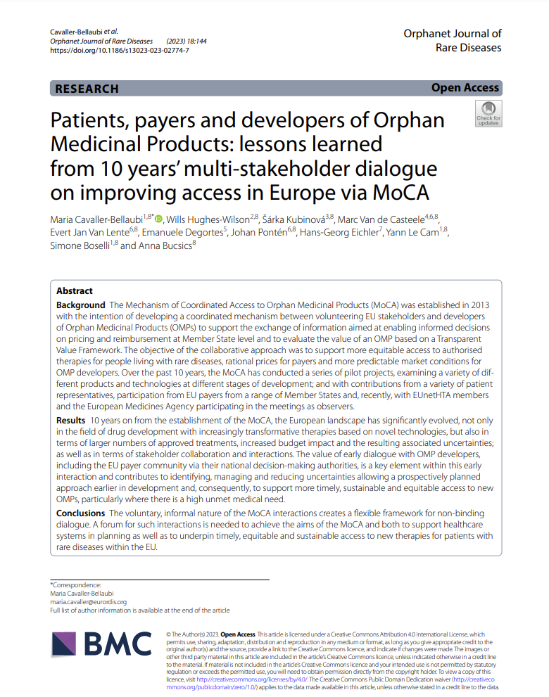Patients, payers and developers of Orphan Medicinal Products: lessons learned from 10 years’ multi-stakeholder dialogue on improving access in Europe via MoCA