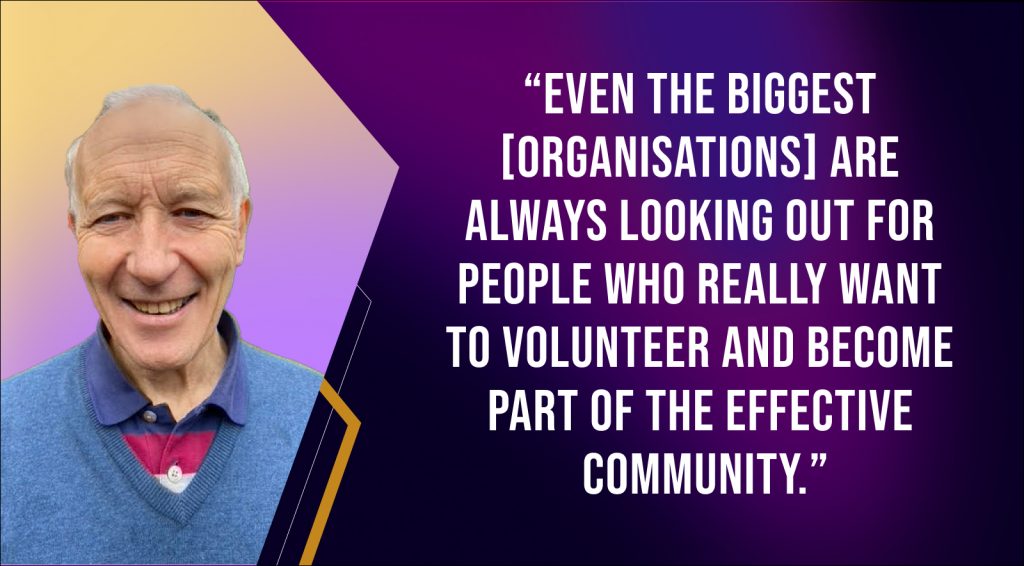 Purple and gold quote card. "Even the biggest organisations are always looking out for people who really want to volunteer and become part of an effective community."