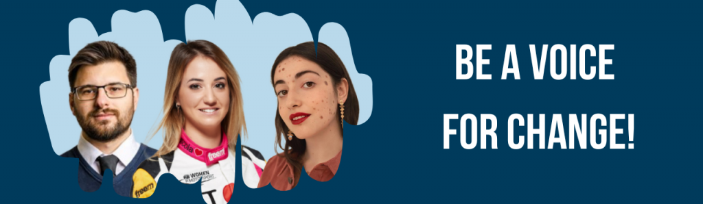 Banner graphic featuring photos of Stefan Živković, Rachele Somaschini and Alba Parejo on a light blue background. On a dark blue background, the words 'Be a voice for change!' are featured.