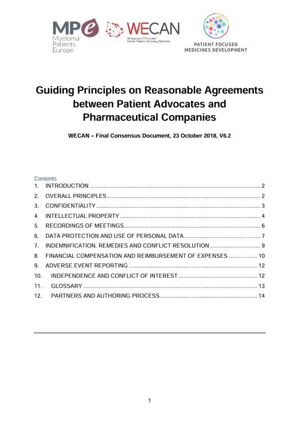 Guiding Principles on Reasonable Agreements between Patient Advocates and Pharmaceutical Companies