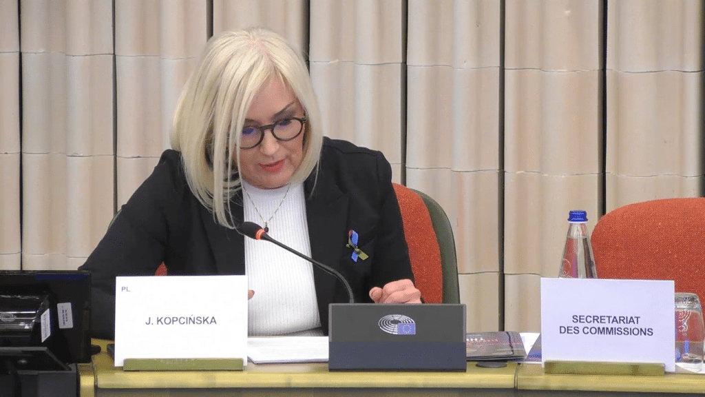 MEP Joanna Kopcinska speaks at the European Parliament event in Strasbourg.