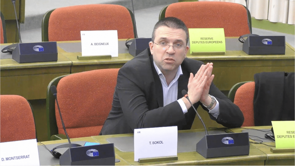 Tomislav Sokol speaks at the European Parliament event in Strasbourg.