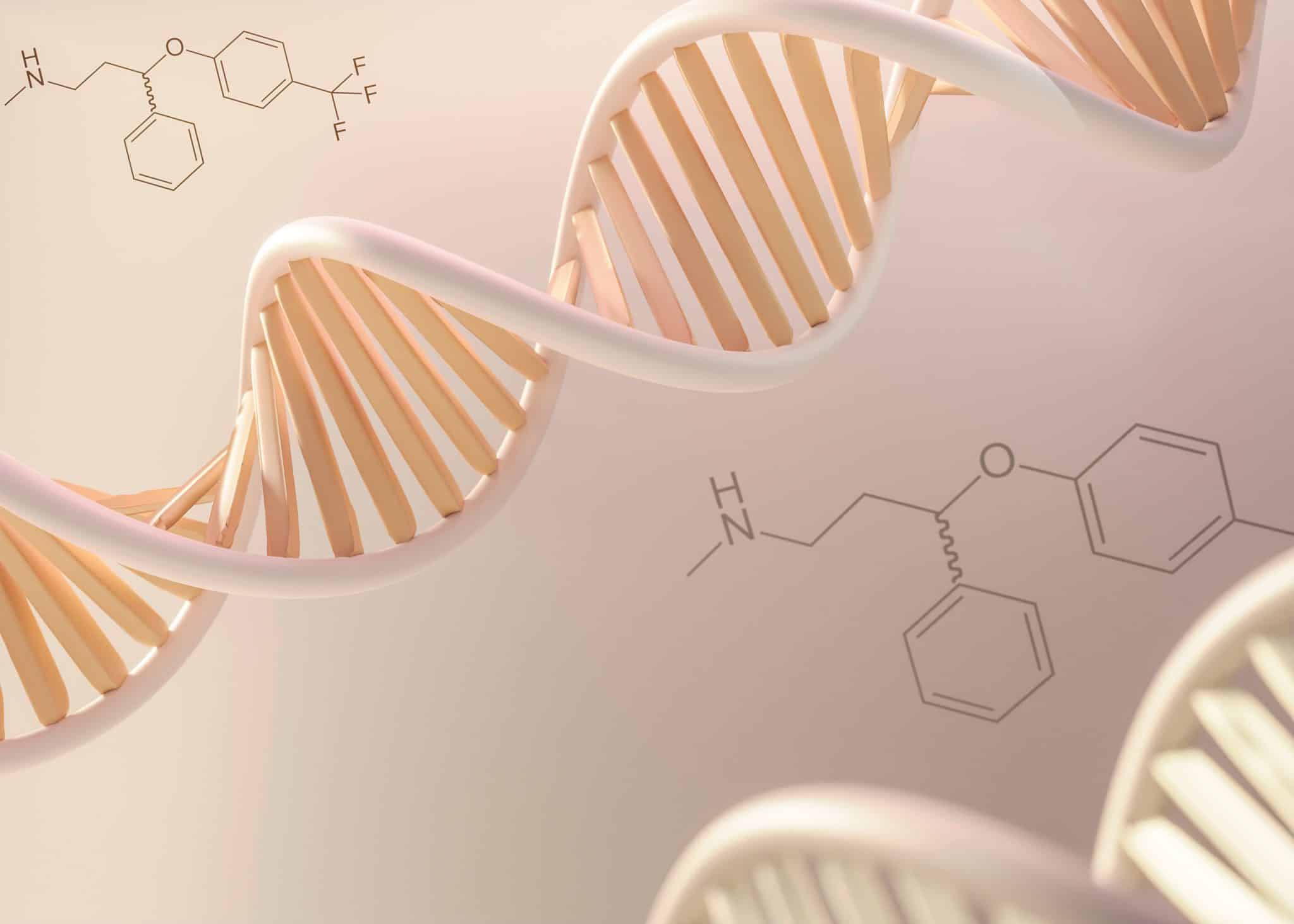 A 3D representation of DNA, with the chemical formula in the background.