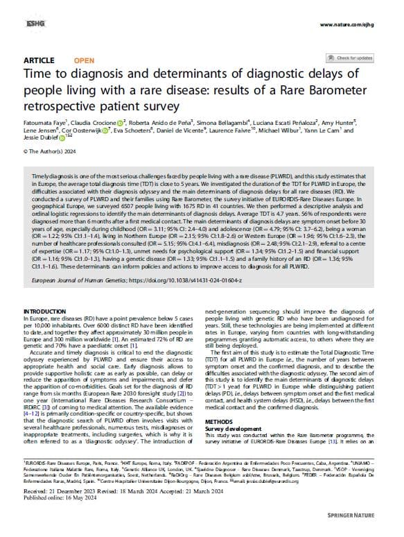 Time to diagnosis and determinants of diagnostic delays of people living with a rare disease: results of a Rare Barometer retrospective patient survey