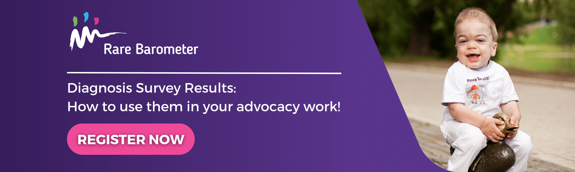 Banner featuring and image of a baby living with a rare disease, highlighting the webinar from Rare Barometer on the diagnosis survey results.
