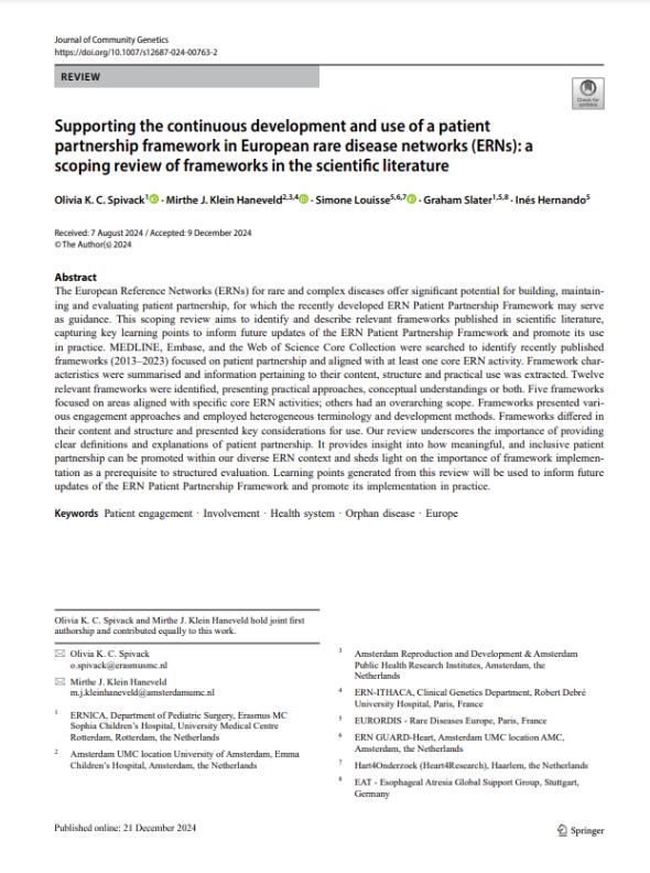 Supporting the continuous development and use of a patient partnership framework in European rare disease networks (ERNs): a scoping review of frameworks in the scientific literature