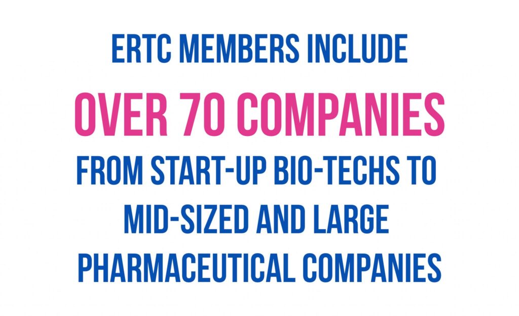 Image with the text ERTC members include over 70 companies from start-up bio-techs to mid-sized and large pharmaceutical companies